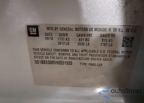 2017 Chevrolet Cruze Lt Auto z USA, uszkodzony, nr VIN 3G1BE6SM5HS531933